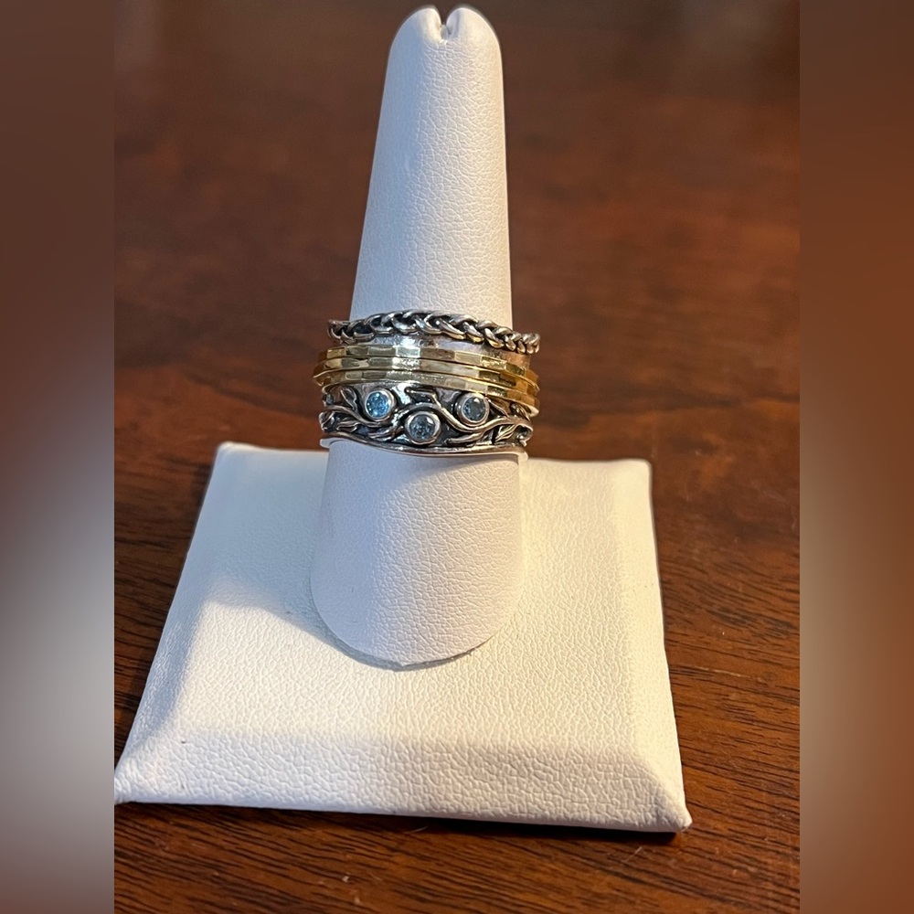 Vintage OR PAZ Israel Sterling Silver Gold Blue Topaz Spinner Ring Size 9.75